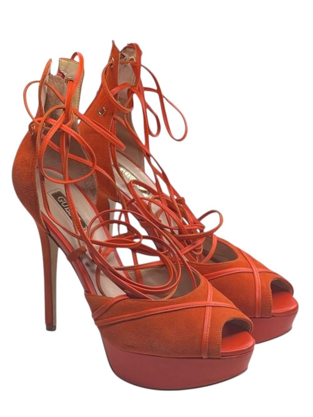 Guess ᯾ Raja Ankle Wrap Platform Stiletto Peep Toe Heels ᯾ Orange Suede ᯾ 8M - Picture 10 of 16